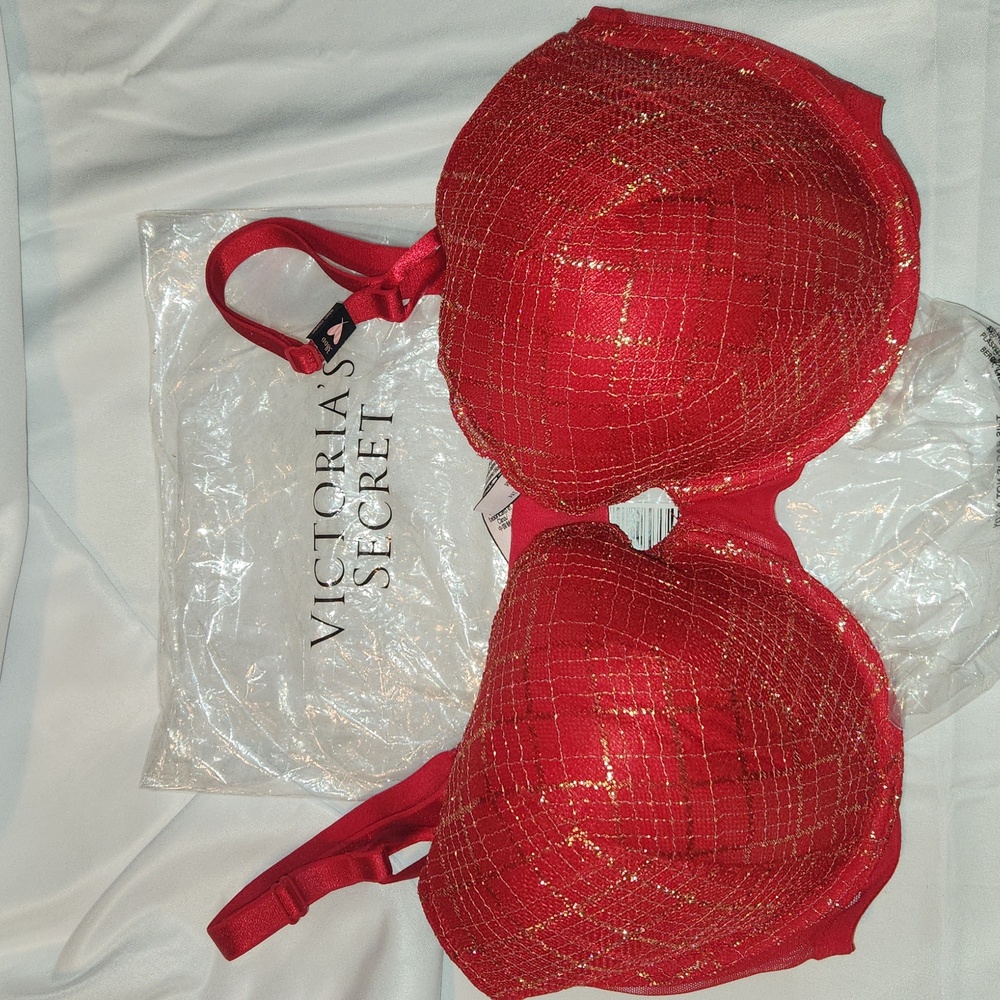 Red bra with gold lace